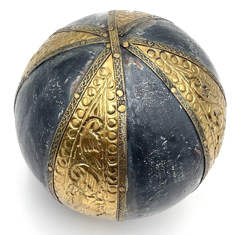 Vintage Old Handcrafted Fitted Brass Wooden Ball Collectible distressed black